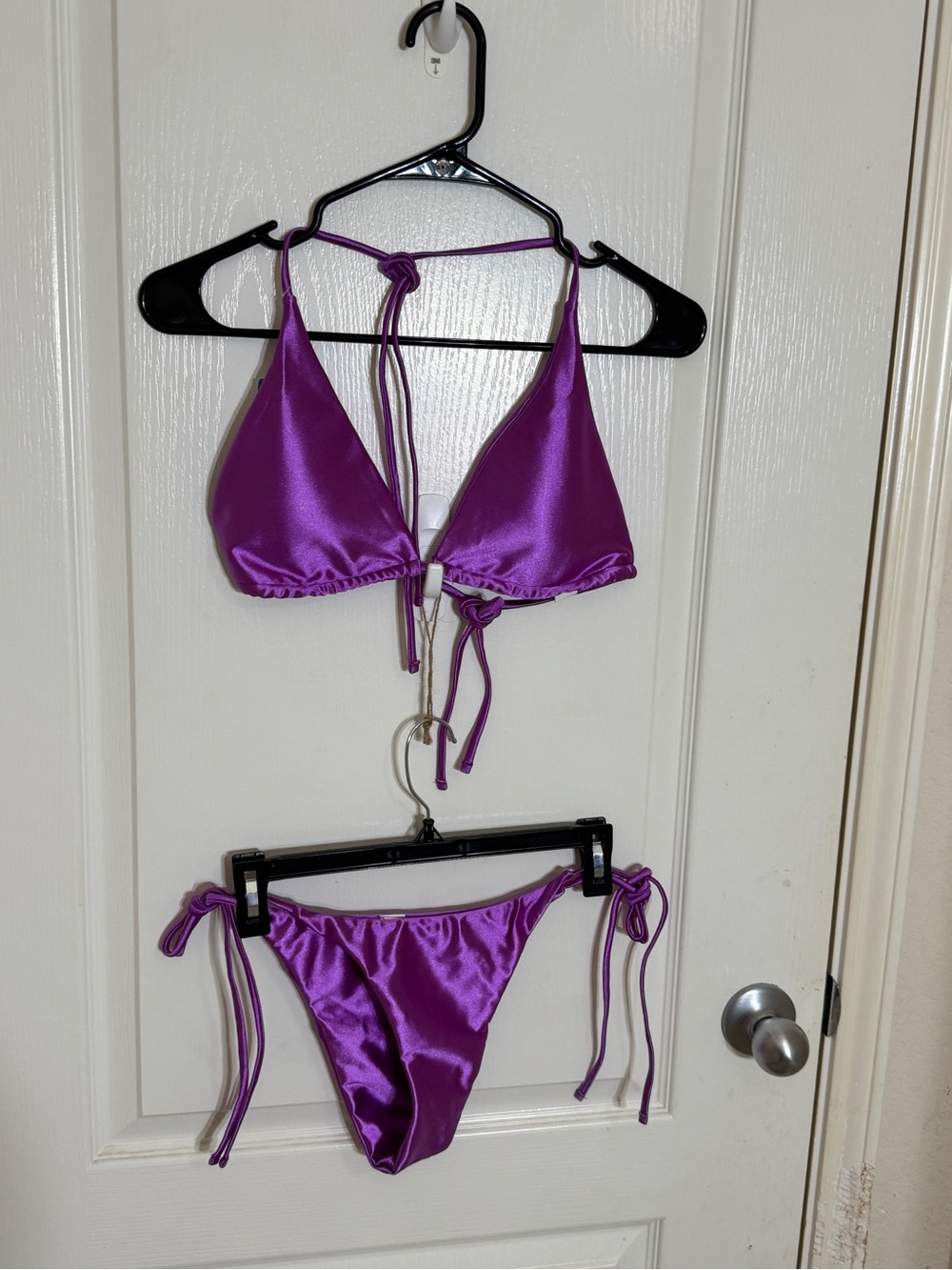 Cupshe Shiny Magenta Purple Bikini Set Size L Triangle Halter Side Tie Swim